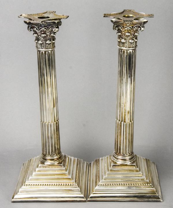 Pair Silver Plate Hallmarked Column Candlesticks (1 of 6)