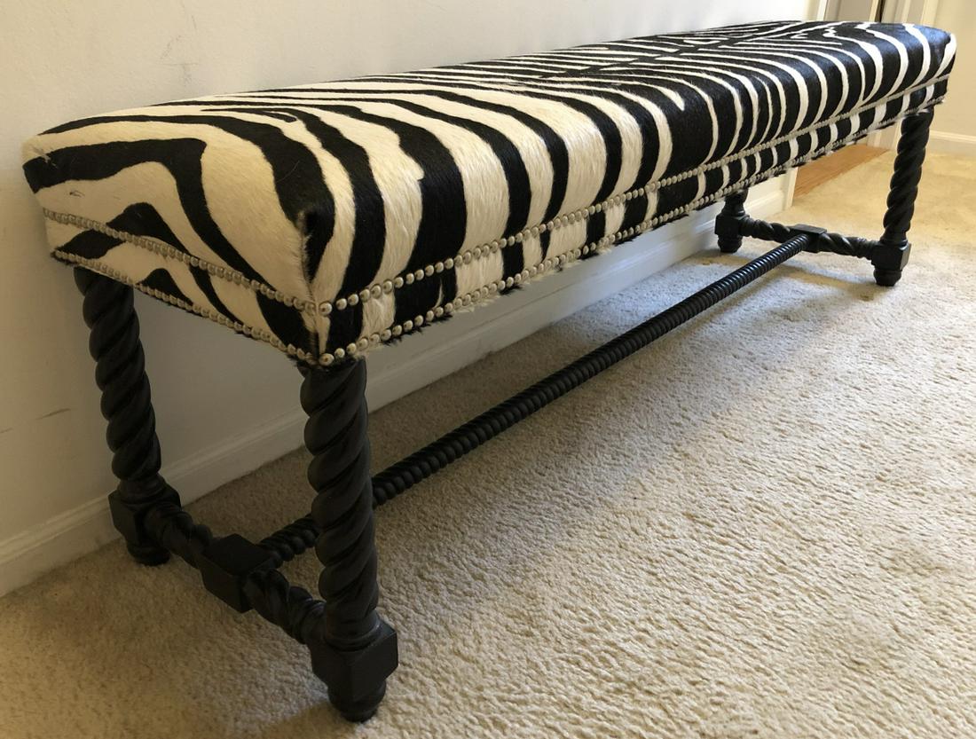 Zebra Patterned Hide Barley Twist Legs Hall Bench (1 of 6)