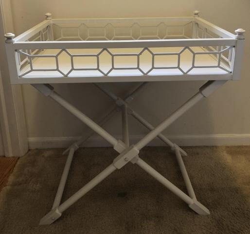Hollywood Regency Metal White Enamel Bar / Table: Hollywood Regency Metal White Enamel Bar / Tray Table. Table surface with gallery. The table is stationary. 29 inches x 28 inches x 21 inches