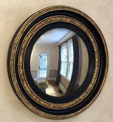 Antique Domed Glass Gilt & Ebony Wall Mirror: Antique Domed Glass Gilt & Ebony Carved Wall Mirror. 27 inches x 26 inches x 3 inches