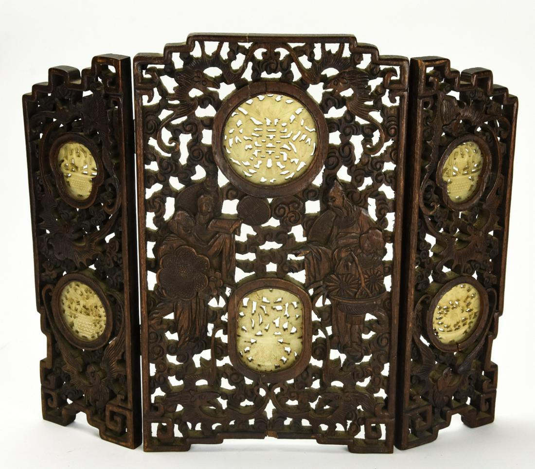 Carved Chinese Rosewood Hardstone Screen Bat Motif (1 of 6)