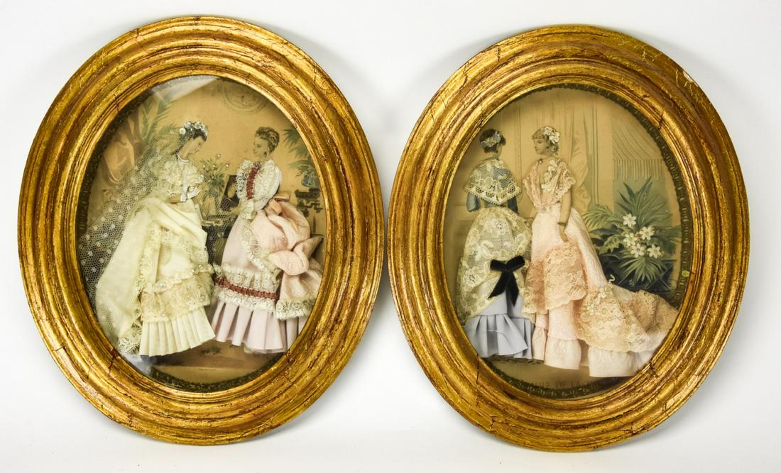 Pair Antique Shadowbox Enhanced Fashion Plates (1 of 6)