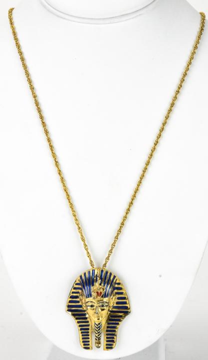 Costume King Tut Vermeil Pendant Gold-Filled Chain: Vintage Costume King Tut Vermeil Pendant on Gold-Filled Chain – Sterling silver vermeil pendant is embellished with enamel and measures approximately 2.125” x 1.625” and is on a 24” chain. 36.