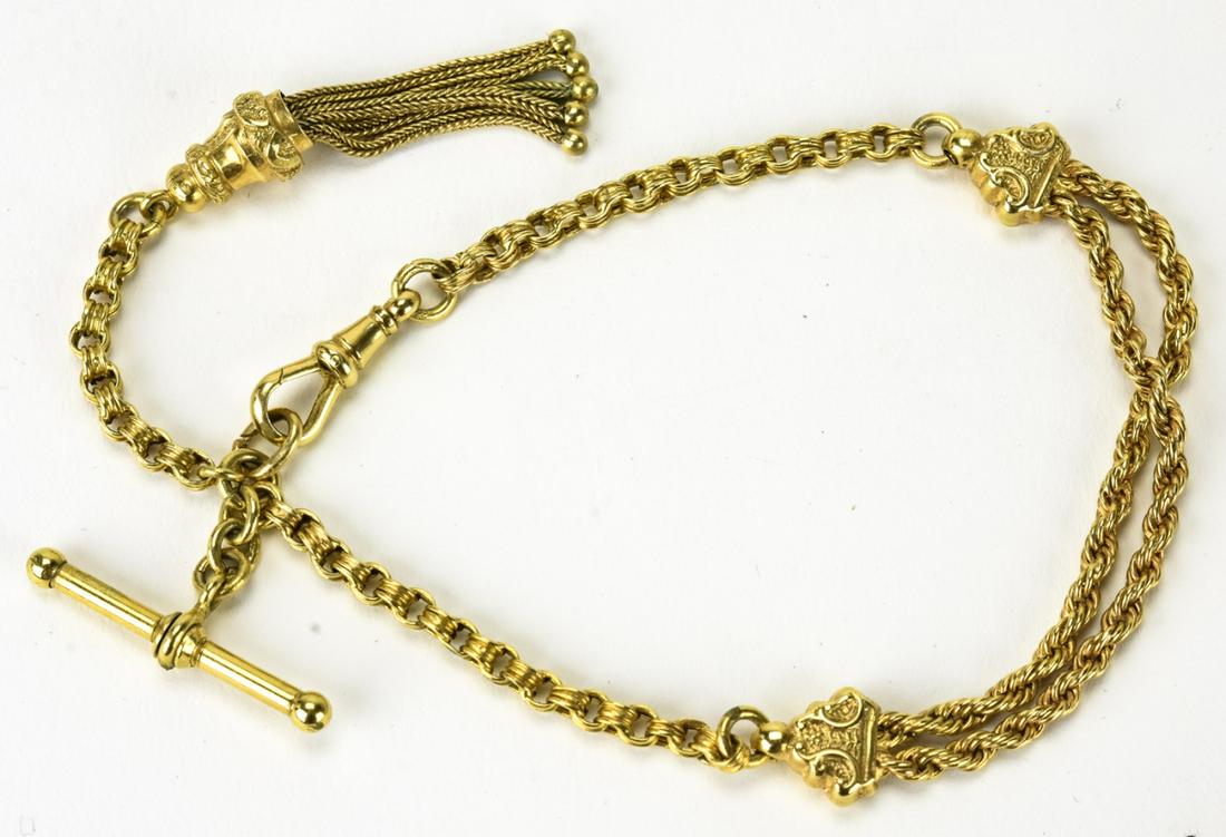 Victorian Gold Filled Albertina Watch Chain: Victorian Gold Filled Albertina Watch Chain – A fabulous chain with original tassel, T bar and dog clasp. Approximately 12.1 grams inclusive and 11” long.