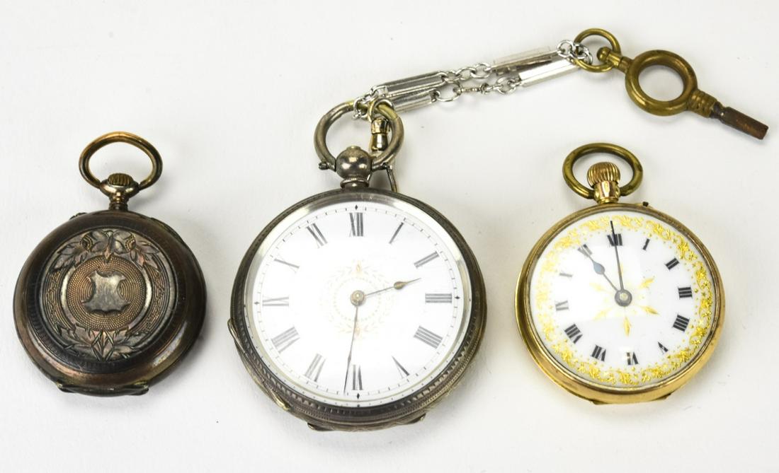 Lot of 3 Antique Pocket Watches incl 12K Gold: Lot of 3 Antique Pocket Watches incl 12K Gold – The gold pocket watch is market FdcF patent 6577 and 12c for 12 carat gold. It has a beautiful enamel face and is approximately 1.25” in diameter. T
