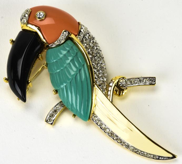 Stunning Costume Kenneth J Lane Parrot Pin: Stunning Costume Kenneth J Lane Parrot Pin – Rare and embellished with faux turquoise and coral with rhinestone crystals. Almost 3.5” tall.