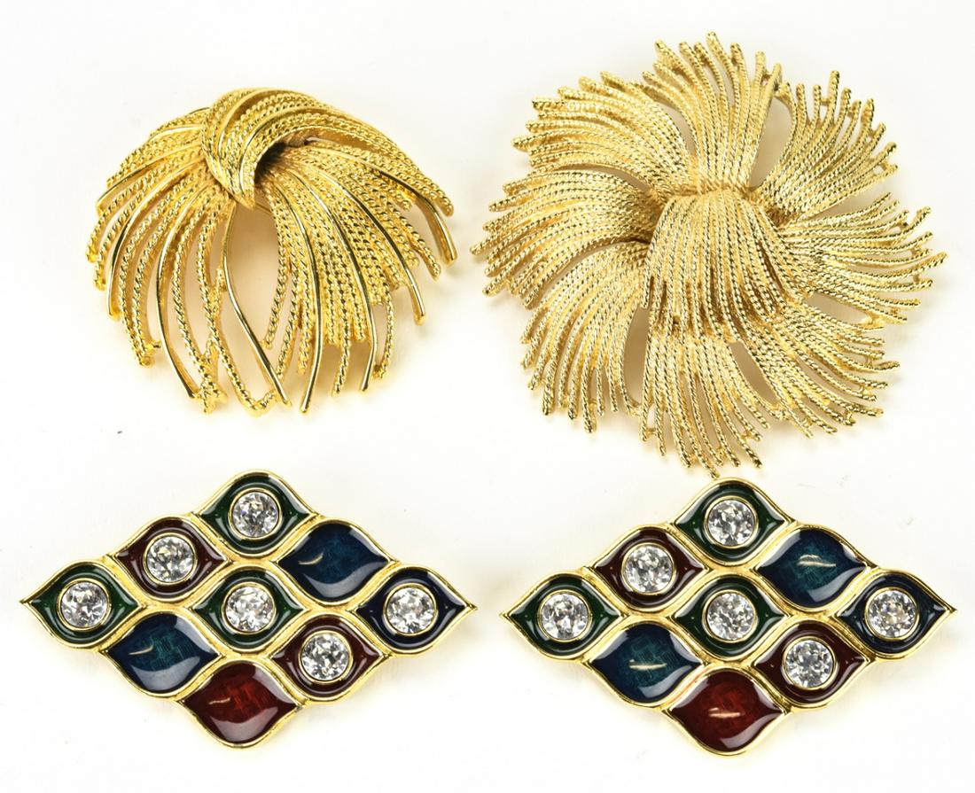 Lot of 4 Costume Monet Pins: Lot of 4 Costume Monet Pins – Includes a pair of crystal and enamel pins. For scale the larges gold tone pin is 2.75 in diameter. All signed Monet.