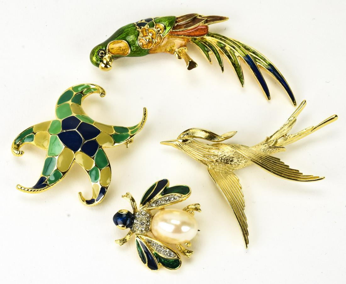 Lot of 4 Brooches Including Kenneth J Lane: Lot of 4 Brooches including Kenneth J Lane – Lot of designer pins in animal form. For scale parrot is a bit over 3” tall