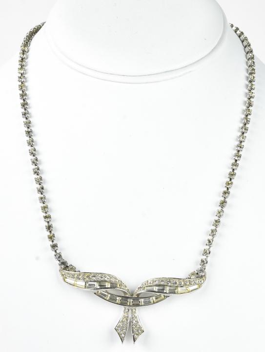 Boucher Rhinestone Rhodium Ribbon Center Necklace: Boucher Rhinestone Rhodium Paste Set Ribbon Plaque Center Necklace c 1955. Adjustable from 14 to 17 inches.