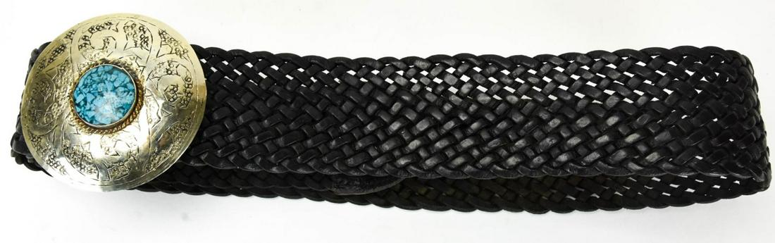 Silver Tone & Mosaic Turquoise Buckle Leather Belt (1 of 6)