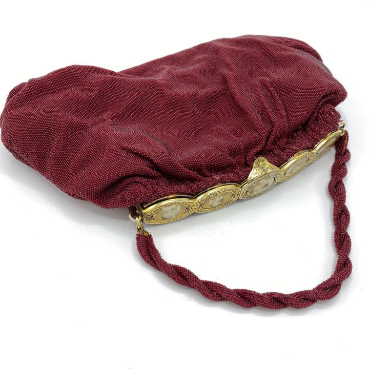 French Antique Bag w Cameo Decorated Clasp: French Antique Bag w Cameo Decorated Clasp. From the estate of a logging heiress. This bag is all handmade. Approx Size 11” x 7.5”