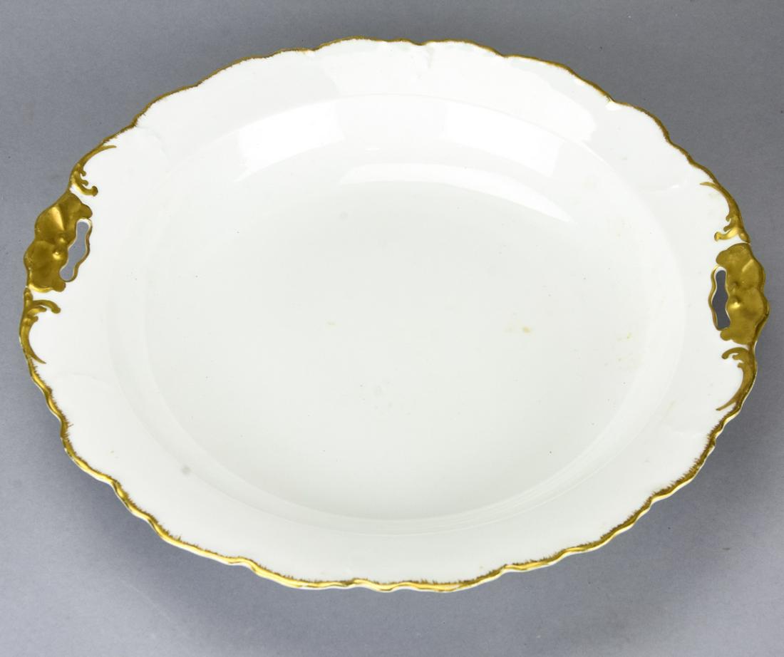 Limoges France Porcelain Gold Rimmed Serving Bowl: Antique Limoges France Porcelain Hand Painted Gold Rimmed and Reticulated Serving Bowl. 3 inches x 12 inches in diameter.