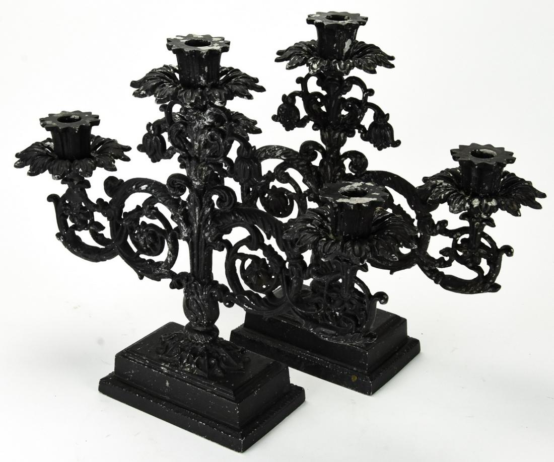 Pair Antique Rococo Spelter Ebony Candelabras: Pair Antique Rococo Spelter Ebony Candelabras. Powder coated black. 14 inches x 16 inches