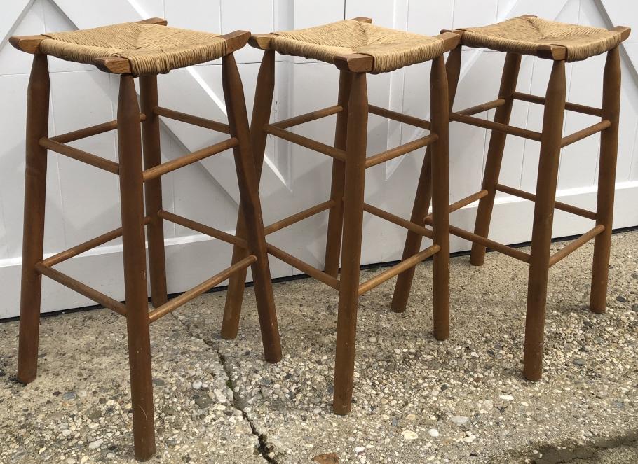 3 Artisan Carved Pine and Rush Seated Bar Stools (1 of 4)
