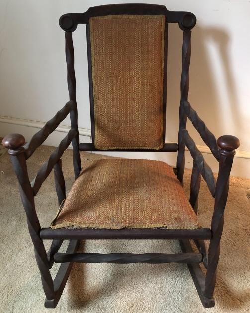 Antique Arts & Crafts Carved Turned Rocking Chair.: Antique Arts & Crafts Hunzinger Style Carved Turned Rocking Chair with Upholstered Back and Seat. 34 inches x 24 inches x 38 inches