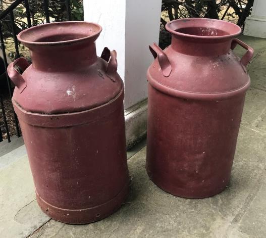 Pair of Antique 19th C Red Painted Metal Milk Cans (1 of 4)