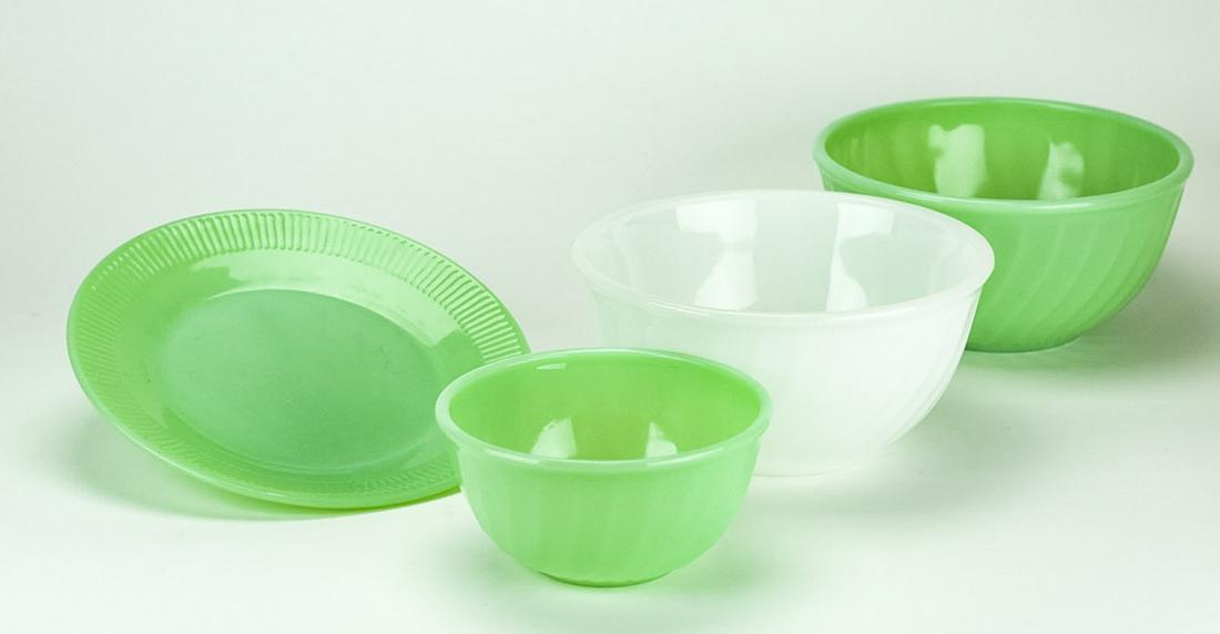 Collection of Mid Century / Vintage Jade Glass: Collection of Mid Century / Vintage Jade Glass - Bowls & Plates. Including Fire King. Plate measures 9 inches in diameter.