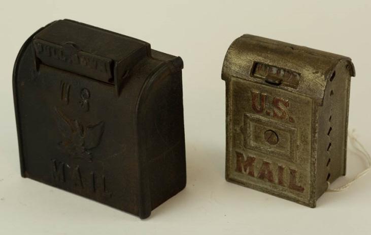 2 Cast Iron Figural US Mail Box Banks (1 of 3)