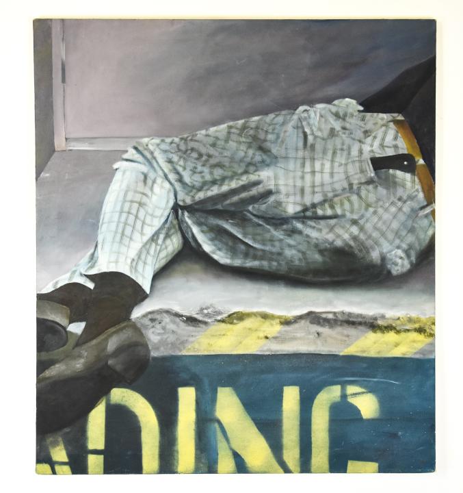 Contemporary Oil Painting Michelle Martin, Tulsa: Contemporary Oil Painting Michelle Martin, Tulsa, OK. Genre painting of person lying in street or building entry. 30 inches x 34 inches
