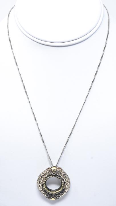 John Hardy 18k Gold Sterling Pendant Necklace: John Hardy 18k Gold Sterling Wreath Pendant Necklace – A vintage piece in the form of a wreath on an 18” sterling chain by the famed designer John Hardy. The pendant is approximately 1.5” in dia