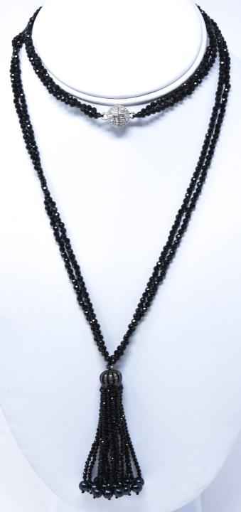French Jet Flapper Style Necklace w Tassel Pendant: French Jet Flapper Style Necklace w Tassel Pendant. Measures 30 inches in length.