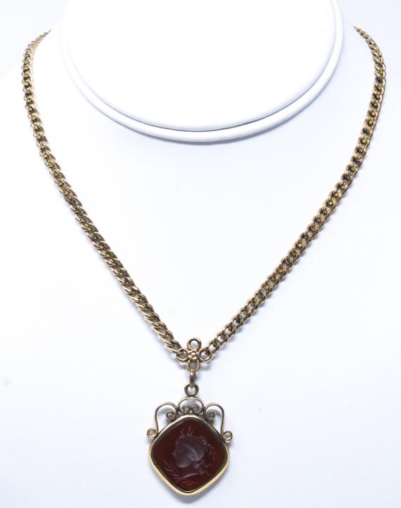 Antique 19th C Carnelian Intaglio Pendant Necklace: Antique 19th C Carnelian Intaglio Pendant Necklace. Gold filled. Measures 15.5 inches in length.
