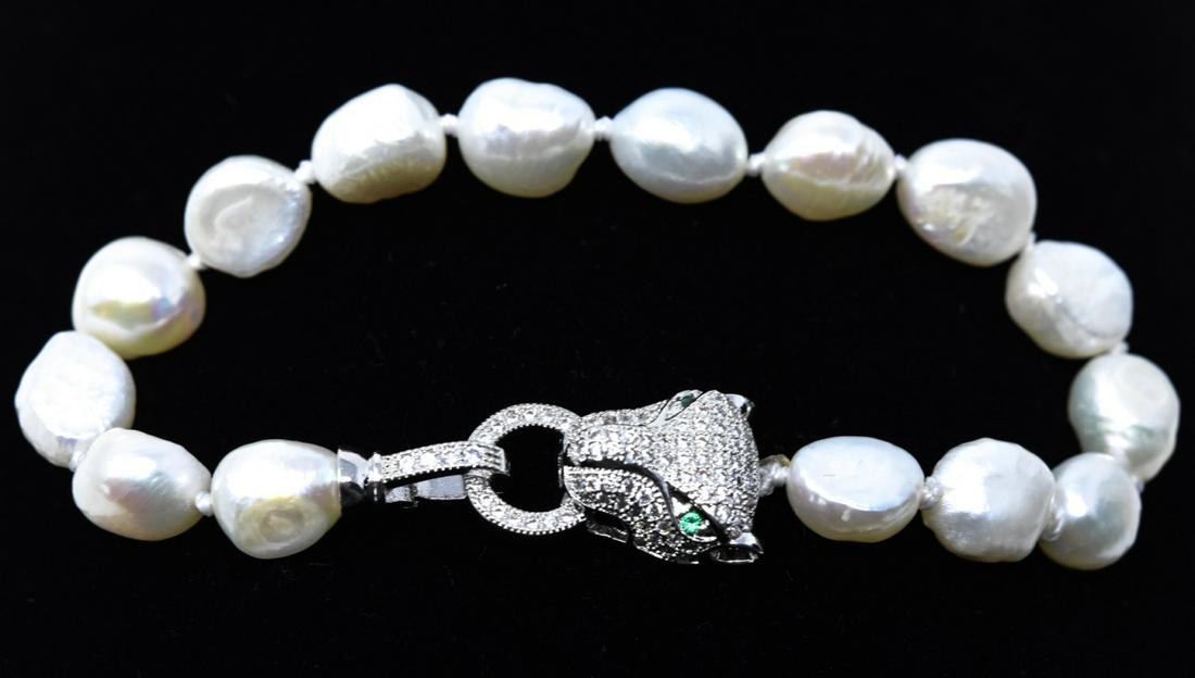 Panther Clasp Hand Knotted Baroque Pearl Bracelet (1 of 6)