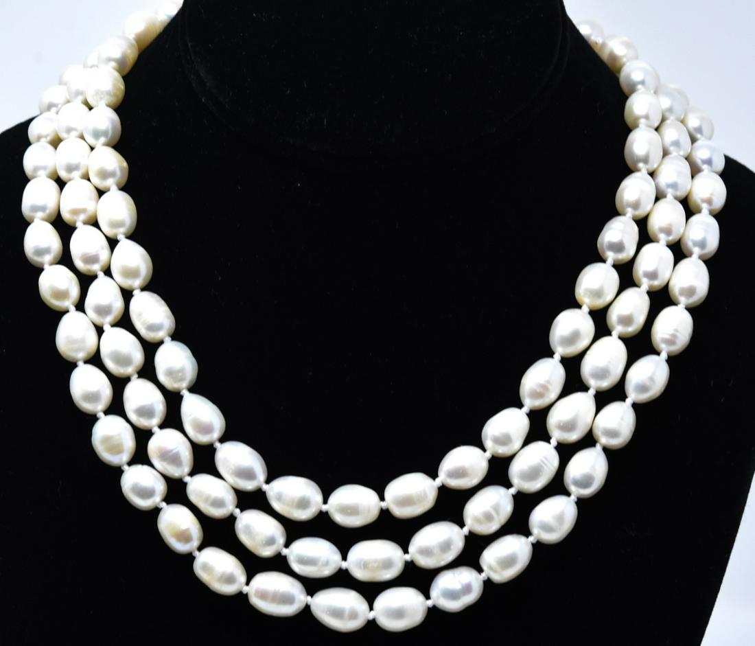 3 Strand Baroque Pearl Necklace w Sterling Clasp (1 of 5)