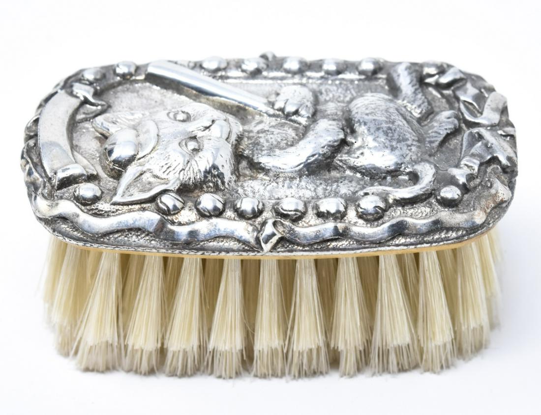 Sterling Silver Galmer Repousse Fox Baby Brush: Sterling Silver Galmer Repousse Fox Baby Brush – A sweet little baby brush with a repoussé fox wearing a cap and holding a bat. Piece is stamped GALMER SILVER 925. Retail price $300. Approximately 