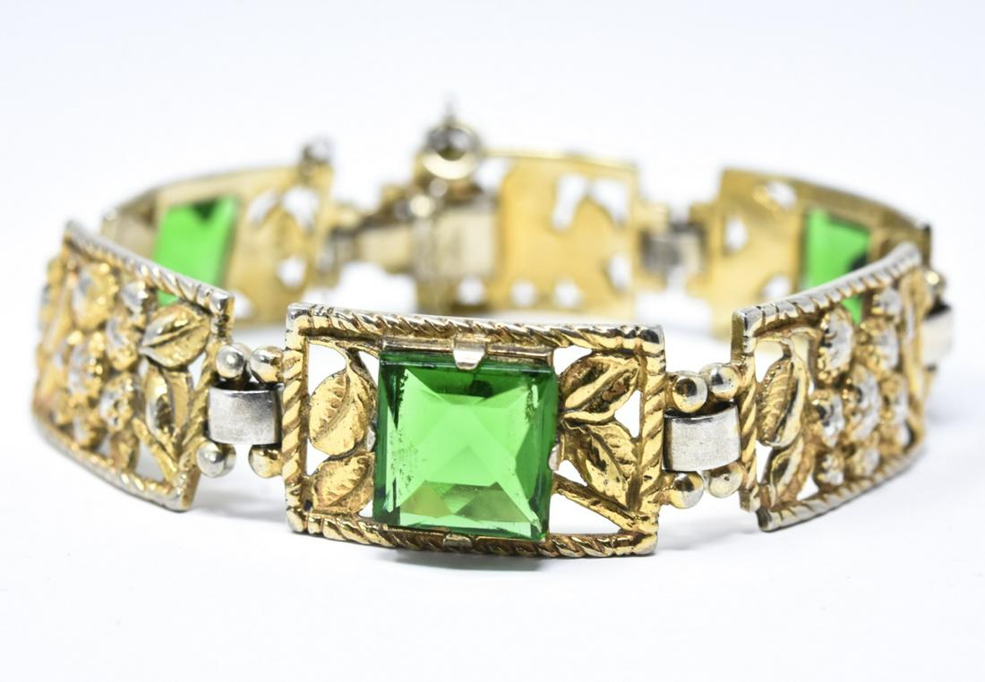 Vintage Gilt Sterling Emerald Paste Panel Bracelet (1 of 6)