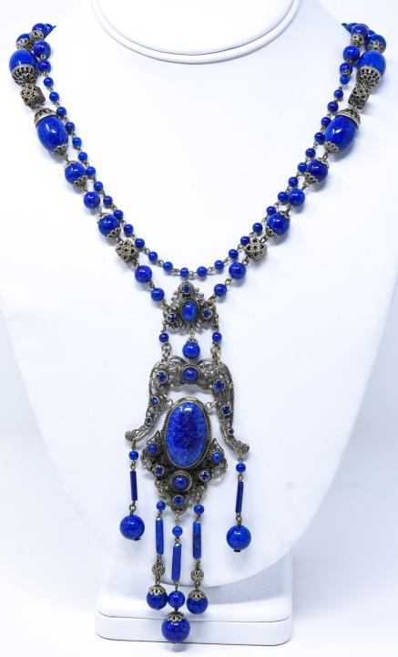 Vintage Art Glass Faux Lapis Lazuli Necklace: Vintage Art Glass Faux Lapis Lazuli Necklace. Possibly Czech. Measures 32 inches in length plus pendant drop.