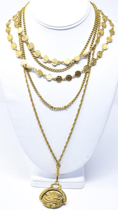 Vintage Gilt Metal Necklaces - Faux Coin & Locket: Vintage Gilt Metal Necklaces - Faux Coin & Locket. Locket is marked Goldette. Faux coin measures 34 inches in length.