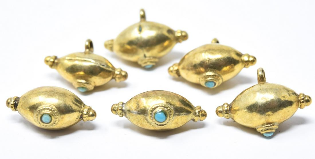 Set of Antique Gilt Metal & Turquoise Buttons: Set of Antique Gilt Metal & Turquoise Buttons. Gold plated Mughal style. Each measures .75 of an inch in length.