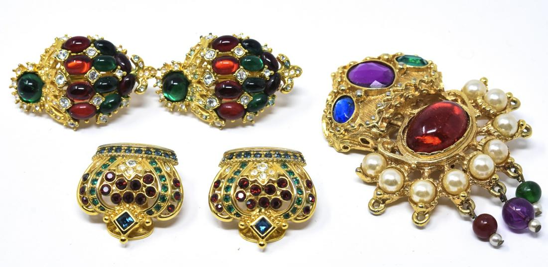 Kenneth J Lane & Joan Rivers Costume Jewelry: Kenneth J Lane & Joan Rivers Costume Jewelry. Clip on earrings and brooch. Signed.
