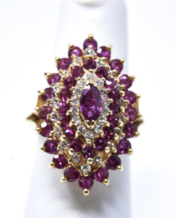 Estate 14k Yellow Gold Ruby & Diamond Navette Ring (1 of 5)