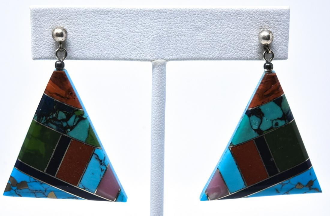 Pr Zuni Sterling Silver Turquoise & Stone Earrings (1 of 4)