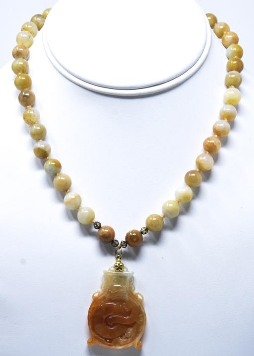 Antique Brown Jade Pendant & Jade Bead Necklace (1 of 6)
