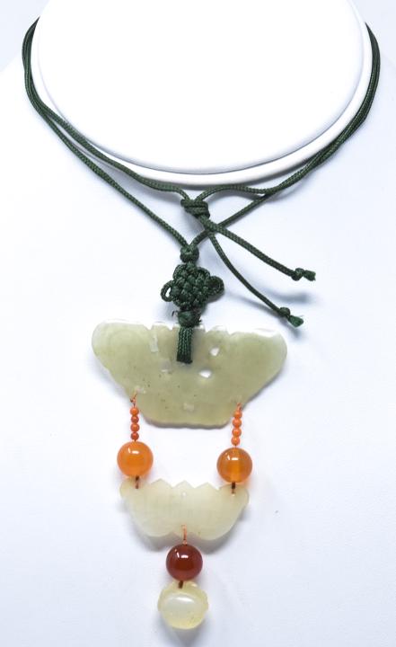 Antique Bowenite Jade Butterfly Pendant Silk Cord: Antique Bowenite Jade Butterfly Pendant Silk Cord. Bowenite carved butterfly pendant with carved carnelian beads on the original silk cord. Measures 22 inches plus pendant drop.