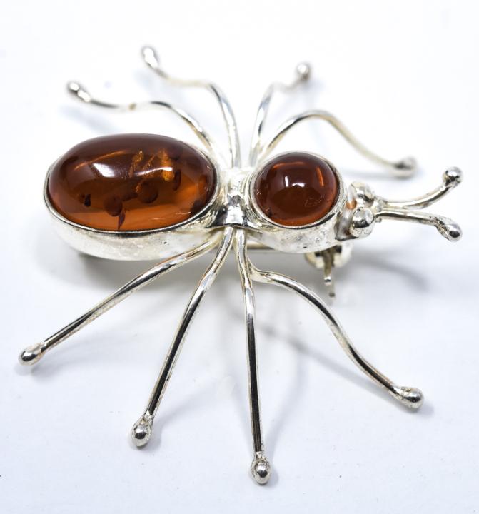 Hand Made Silver & Amber Figural Spider Pin Brooch (1 of 5)