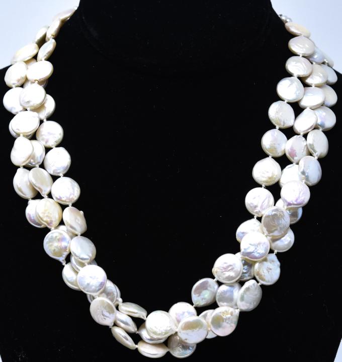 Triple Strand Necklace w Coin Pearls & Marcasite: Triple Strand Necklace w Coin Pearls & Marcasite Clasp. Hand knotted. Measures 17 inches in length. Pearls are approximately 12 mm.