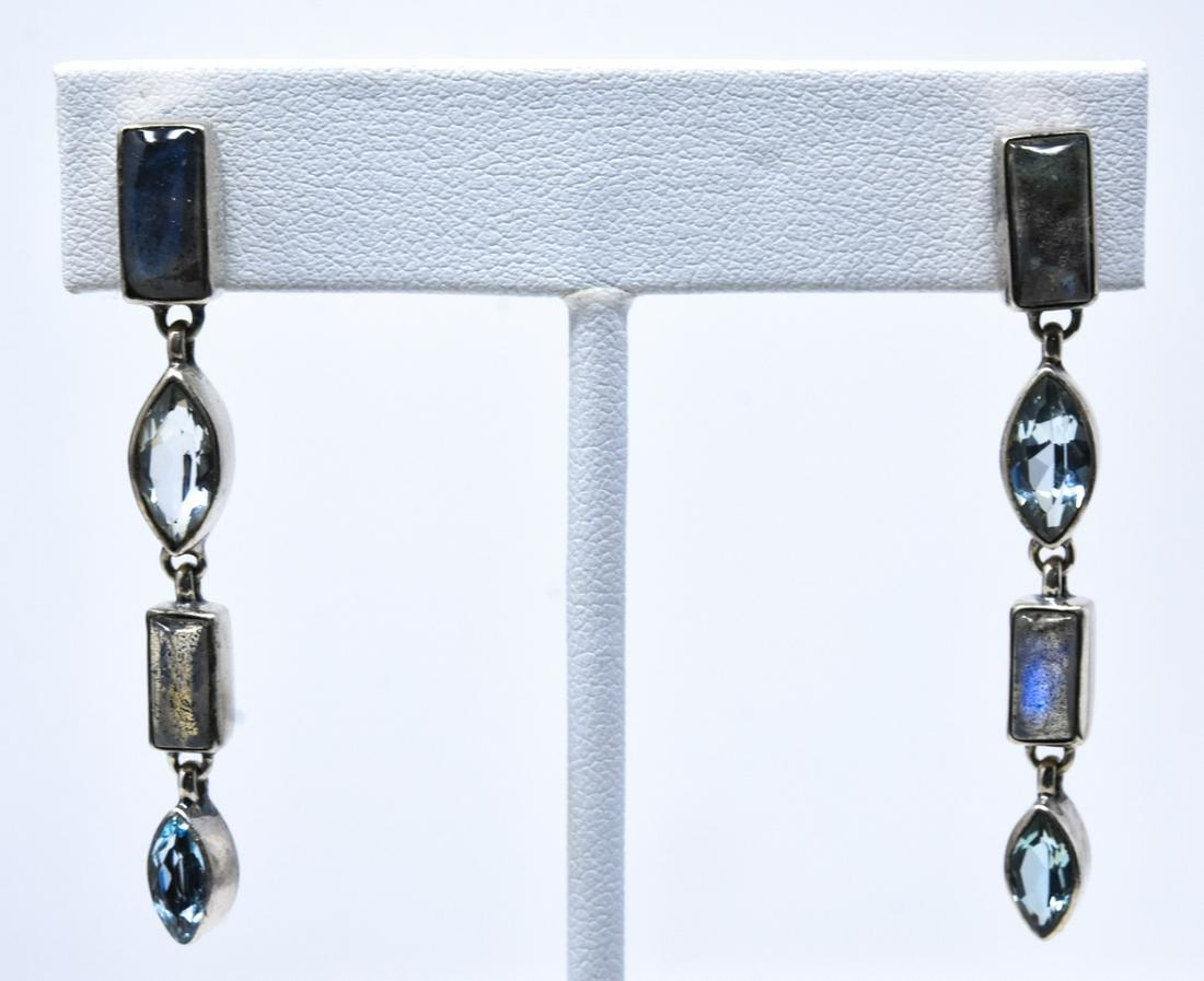 Pair Lori Bonn Sterling & Blue Moonstone Earrings: Pair Lori Bonn Sterling & Blue Moonstone Earrings. Signed. Each measures 2 inches in length.
