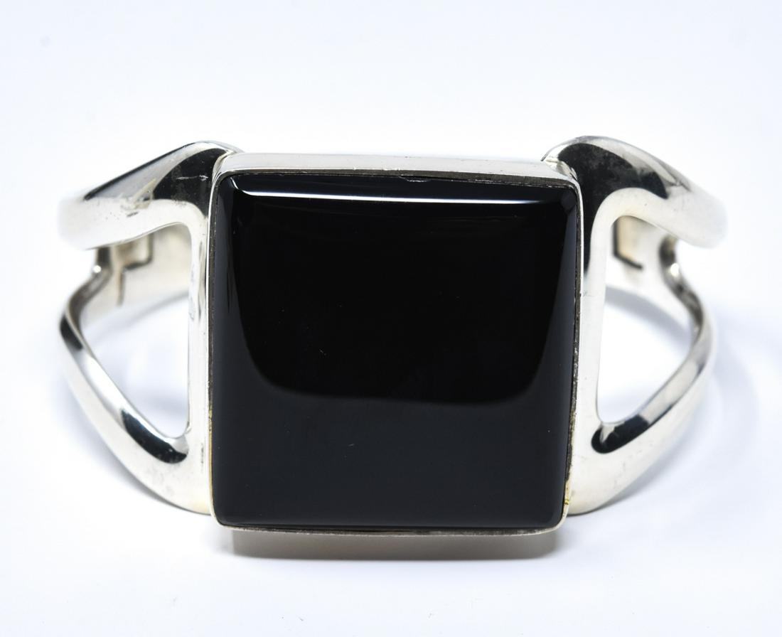 Mexico Sterling Silver Onyx Hinged Bangle Bracelet (1 of 6)