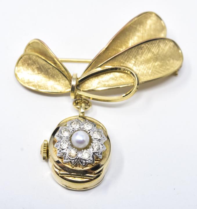 Vintage 1960s Gilt Bow Brooch w Bucherer Watch (1 of 6)