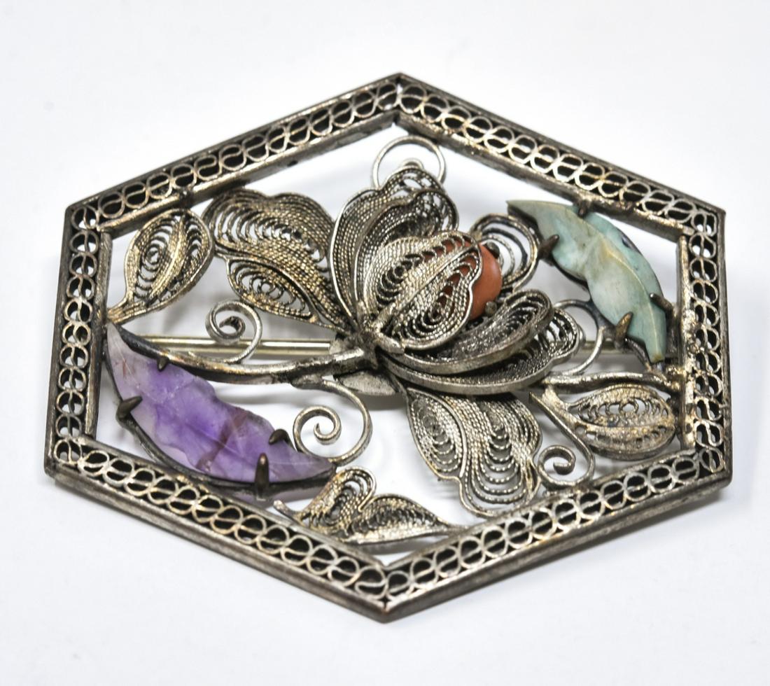 Chinese Filigree Silver Tone & Hardstone Brooch (1 of 6)