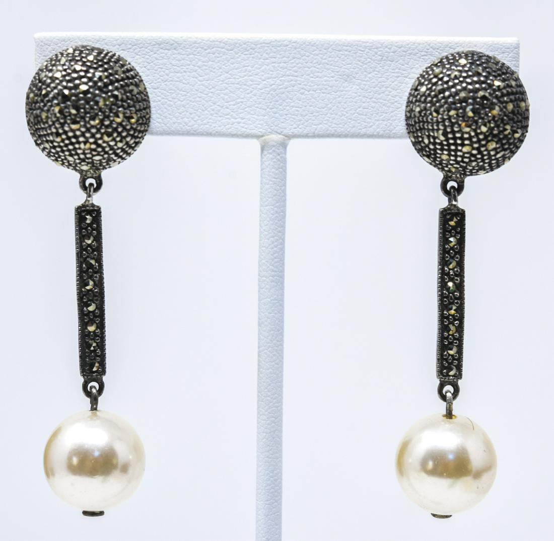Pair Sterling Silver, Pearl & Marcasite Earrings: Pair Sterling Silver, Pearl & Marcasite Earrings. Each measures 2.5 inches in length.