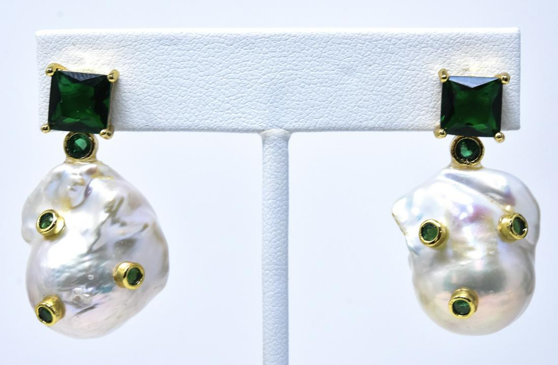 Pair of Baroque Pearl Earrings w Inset Jewels: Pair of Baroque Pearl Earrings w Inset Jewels. Pair of large scale cultured pearls with inset synthetic emeralds. Each measures 1.5 inches in length.
