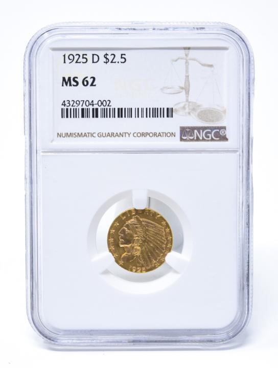 C 1925 D $2.5 Indian Head Gold Coin: C 1925 $2.5 Indian Head Gold Coin. Indian head $2.50 coin, mint Denver, mintage 578,000, designer Bela Lyon Pratt, gold, fineness .9000, weight 4.1800g, diameter 18mm, edge reeded. Graded MS 62. Purch