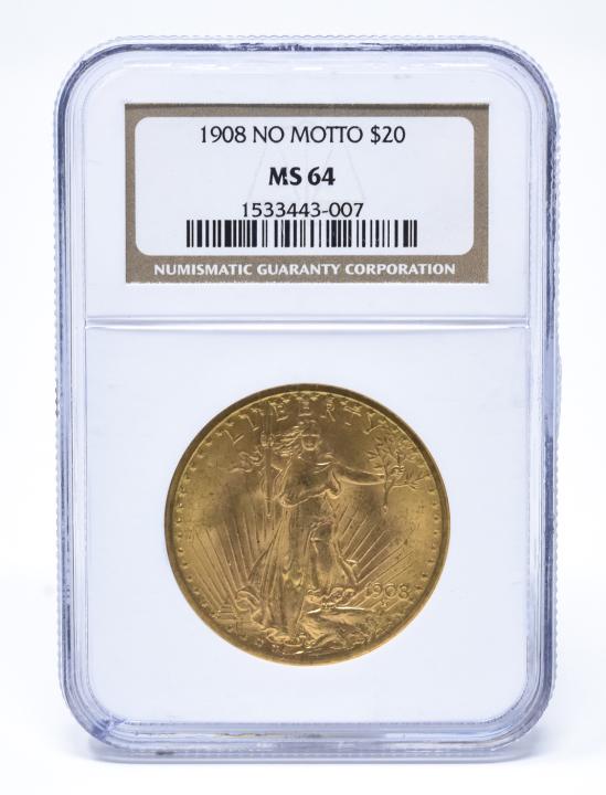 C 1908 Saint-Gaudens NO MOTTO $20 Gold Coin (1 of 4)