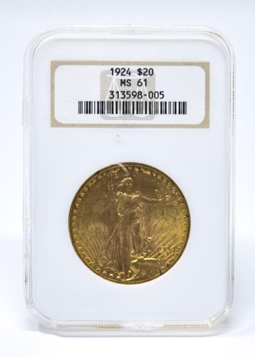 C 1924 Saint-Gaudens $20 Gold Coin: C 1924 Saint-Gaudens $20 Gold Coin. Saint-Gaudens $20 coin, mint Philadelphia, mintage 4,323,500, designer Augustus Saint-Gaudens, gold composition, fineness .9000, weight 33.4400g, diameter 34mm, let