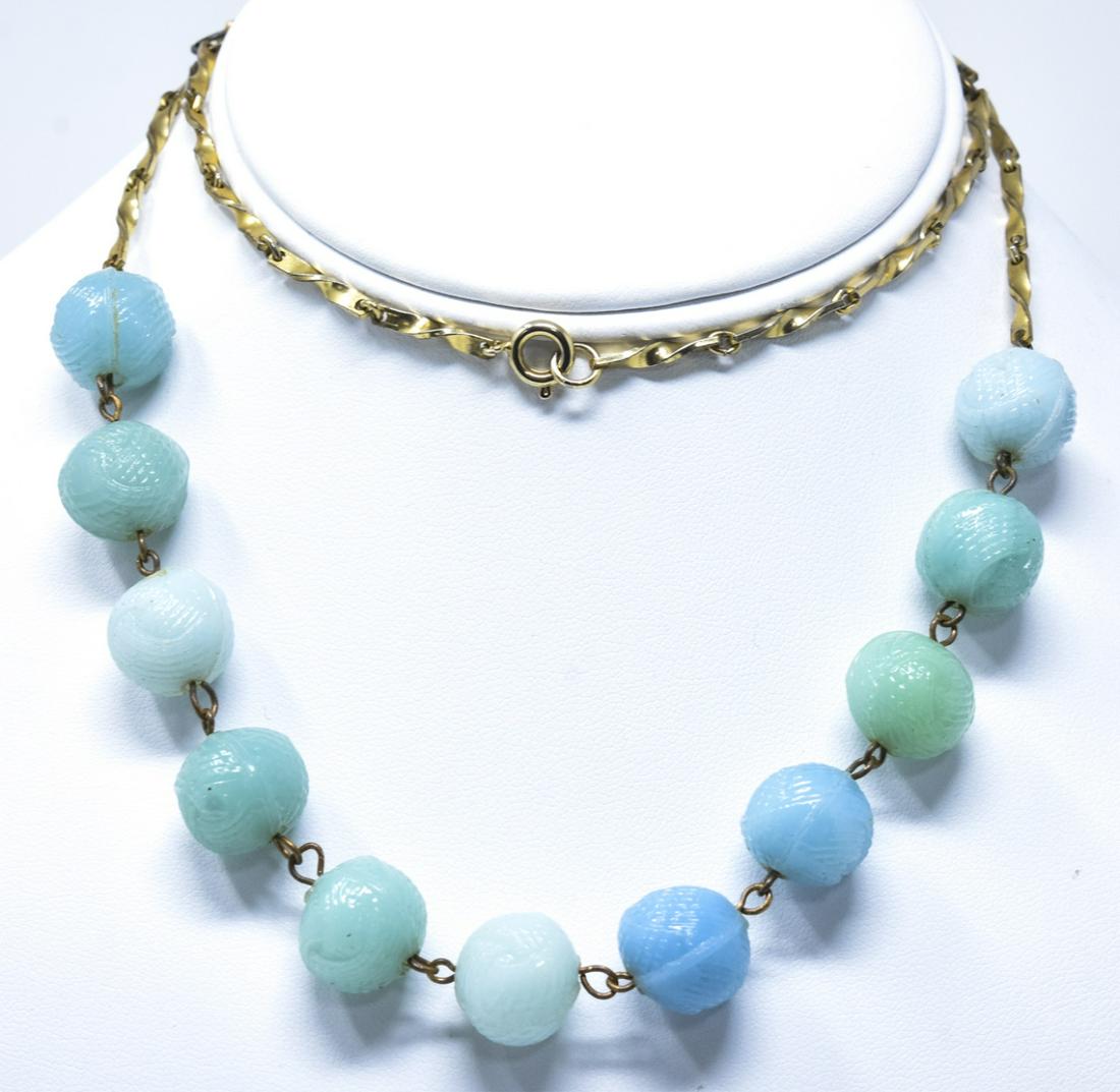 Vintage Costume Jewelry Necklace w Opaline Beads: Vintage Costume Jewelry Necklace w Opaline Beads & Gilt Metal. Measures 26 inches in length.